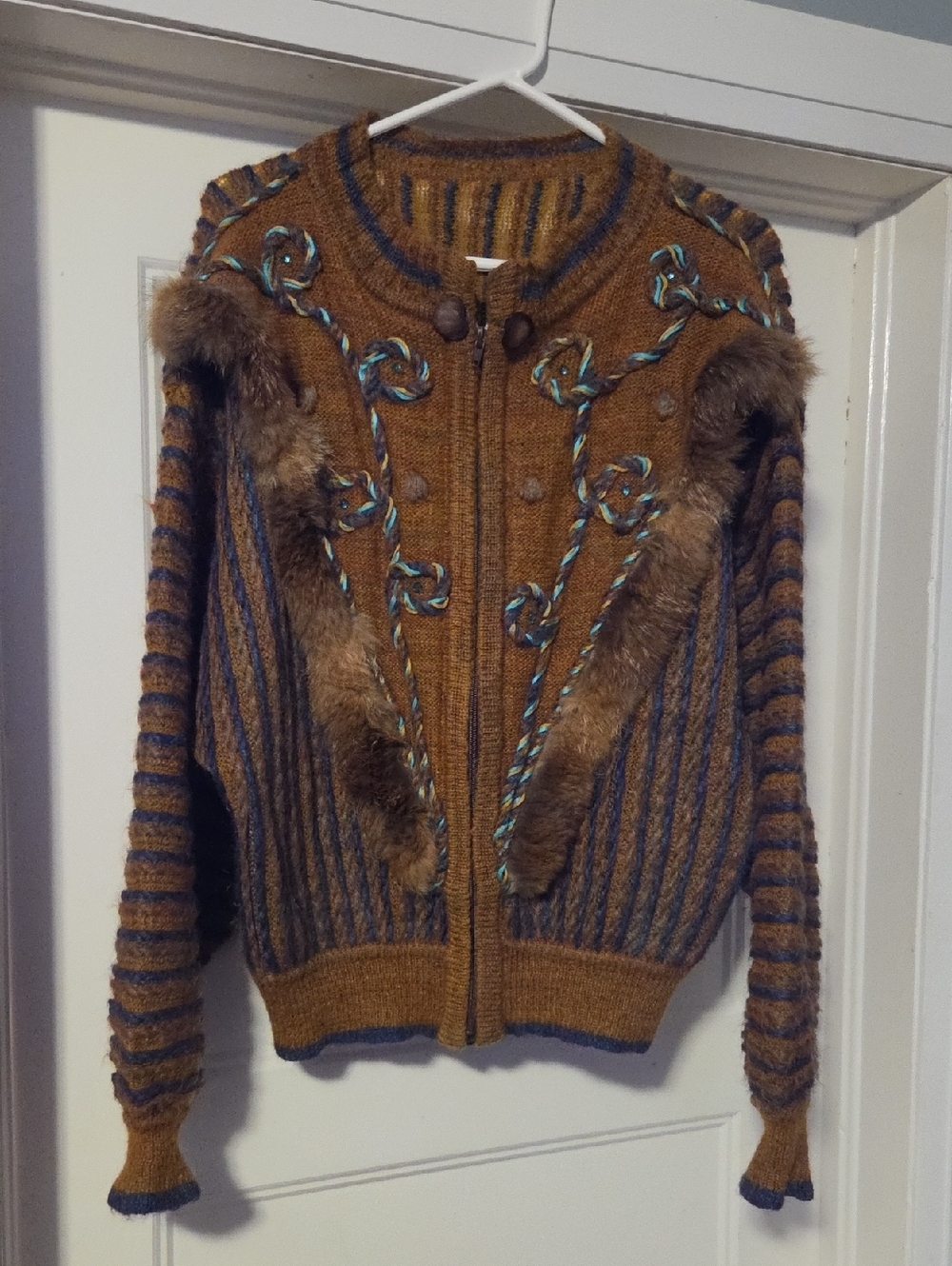 Embellished Brown Knit Zip Up Sweater with Fur Trim.